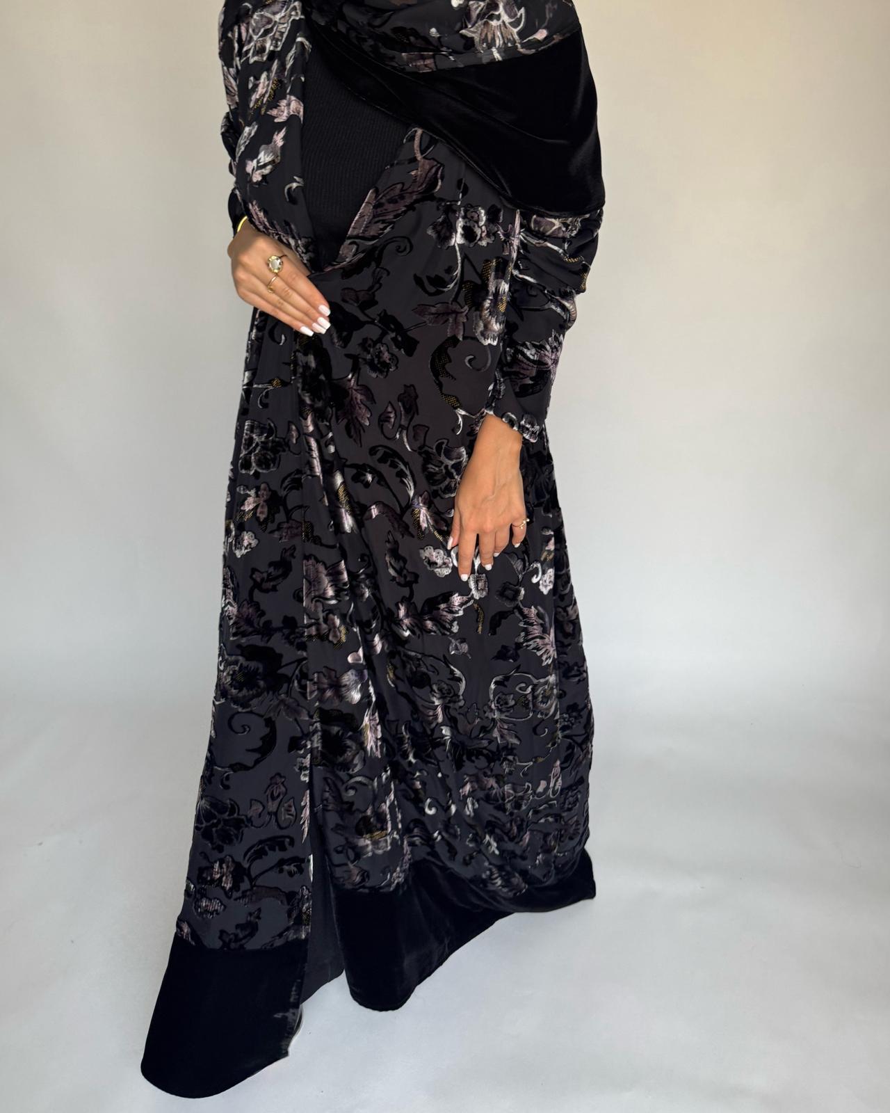 A500 - Black/ Beige Velvet Pattern Abaya & Matching Head Scarf