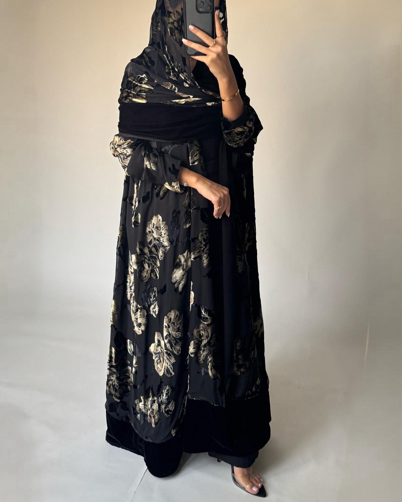 A502 - Black/ Gold Velvet Pattern Abaya & Matching Head Scarf