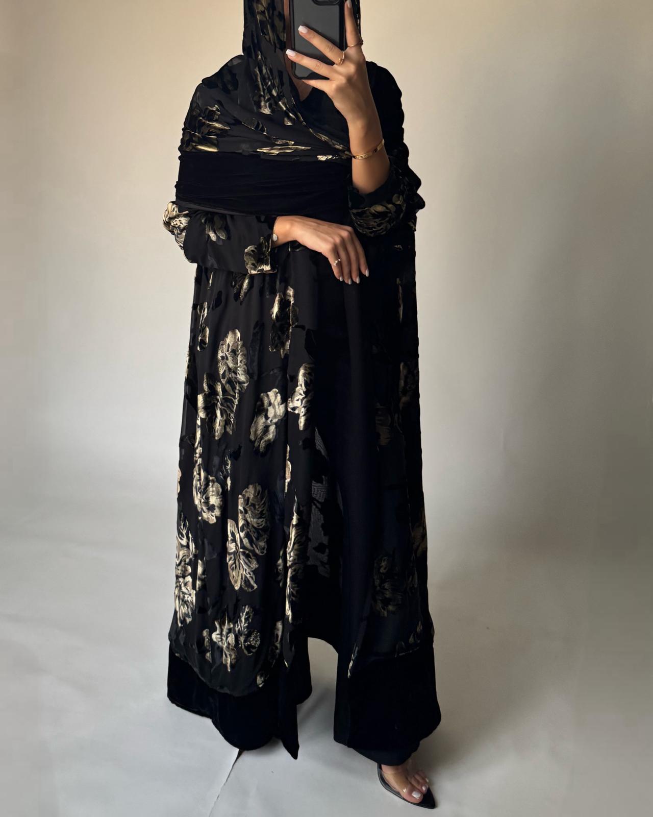 A502 - Black/ Gold Velvet Pattern Abaya & Matching Head Scarf