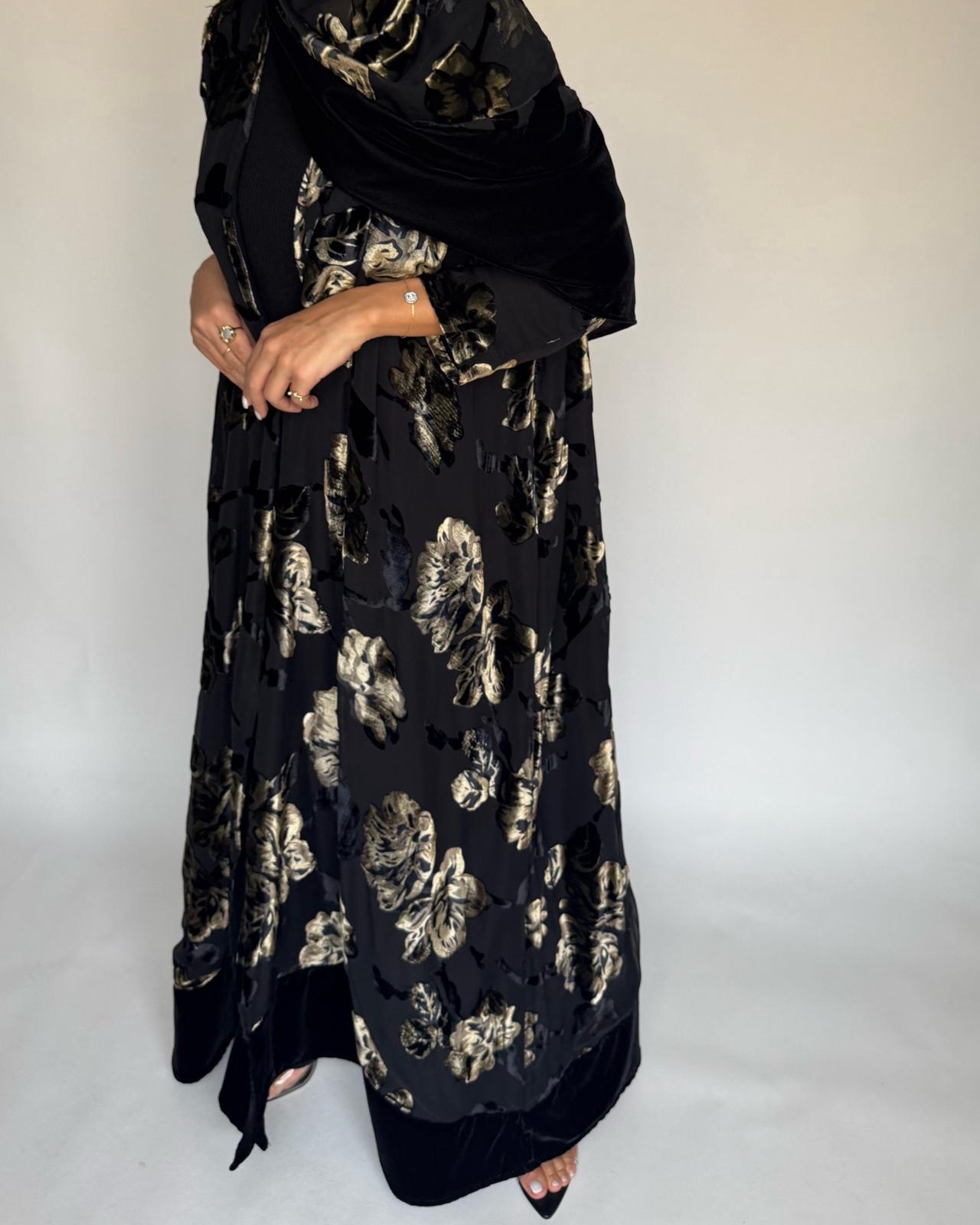 A502 - Black/ Gold Velvet Pattern Abaya & Matching Head Scarf