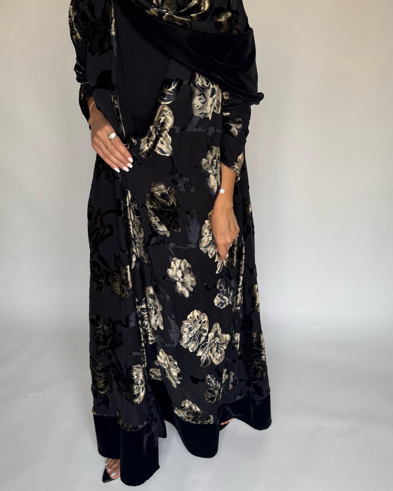 A502 - Black/ Gold Velvet Pattern Abaya & Matching Head Scarf