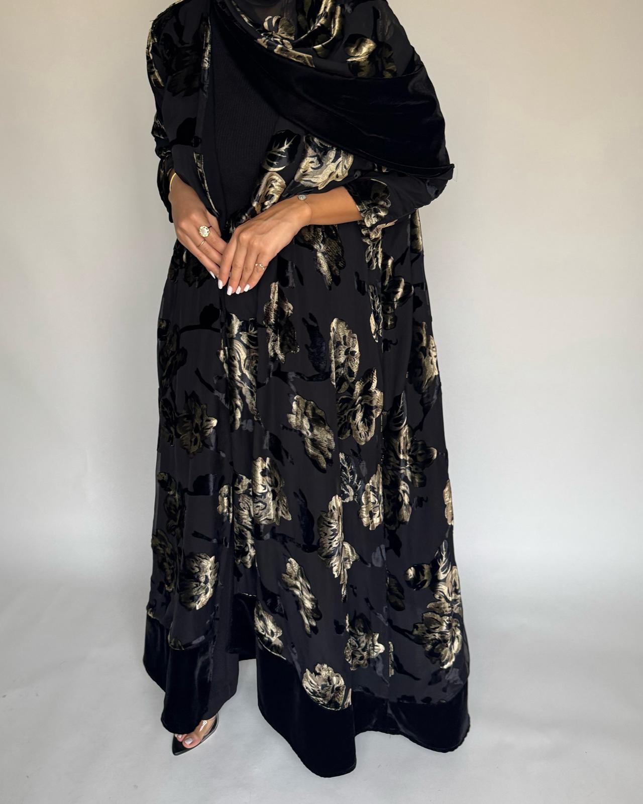 A502 - Black/ Gold Velvet Pattern Abaya & Matching Head Scarf
