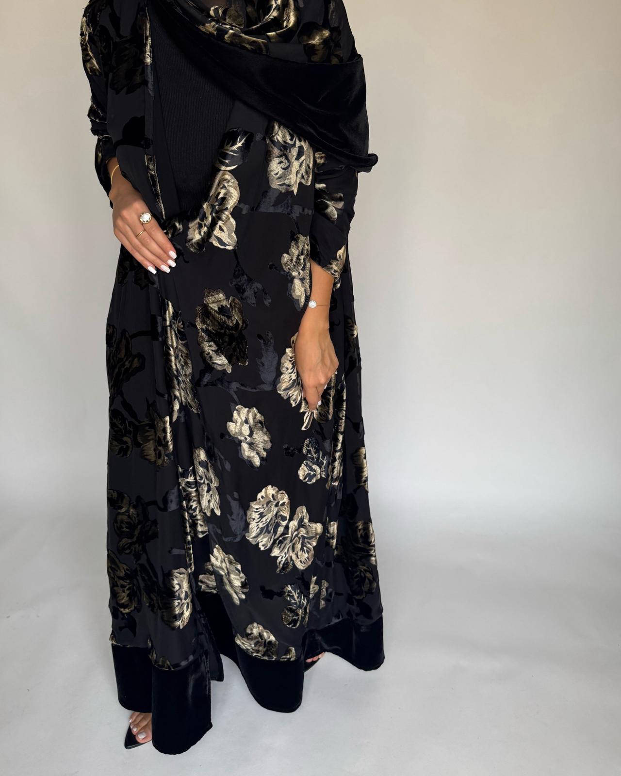 A502 - Black/ Gold Velvet Pattern Abaya & Matching Head Scarf