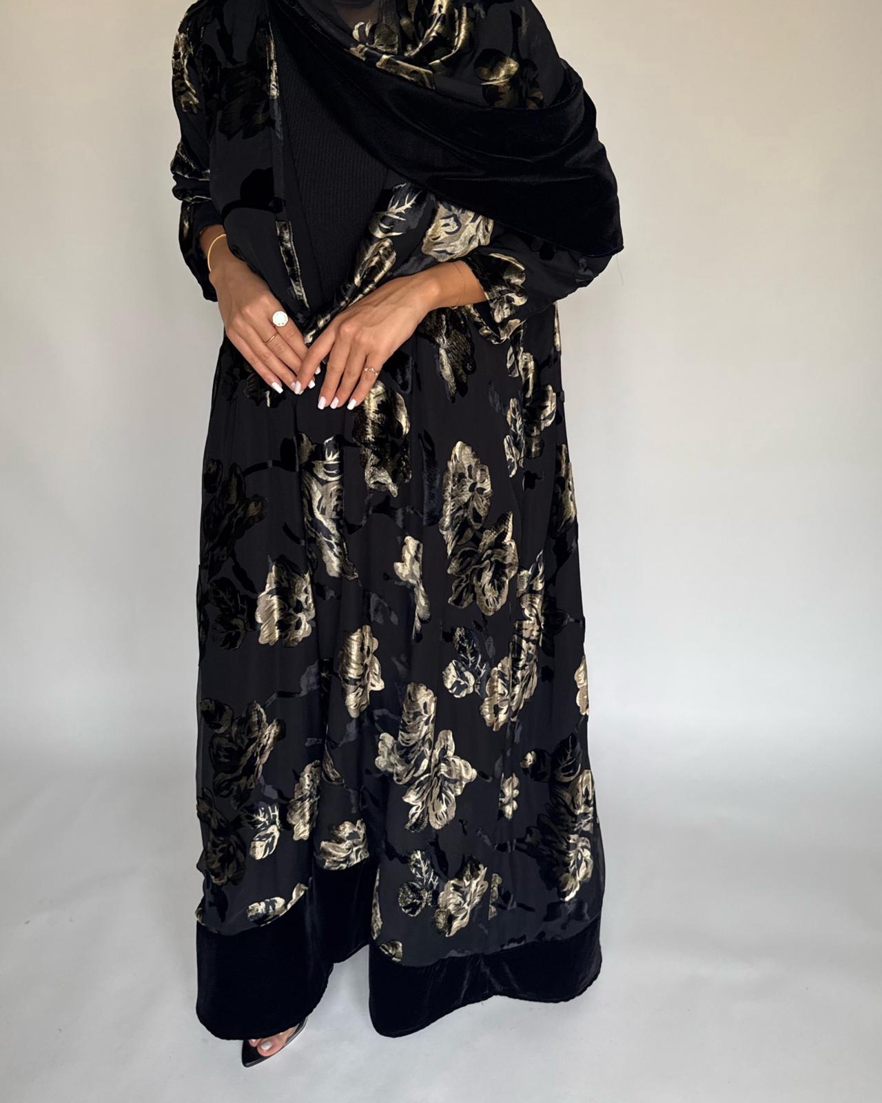 A502 - Black/ Gold Velvet Pattern Abaya & Matching Head Scarf