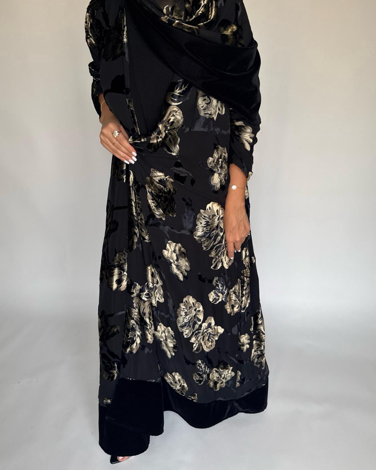 A502 - Black/ Gold Velvet Pattern Abaya & Matching Head Scarf