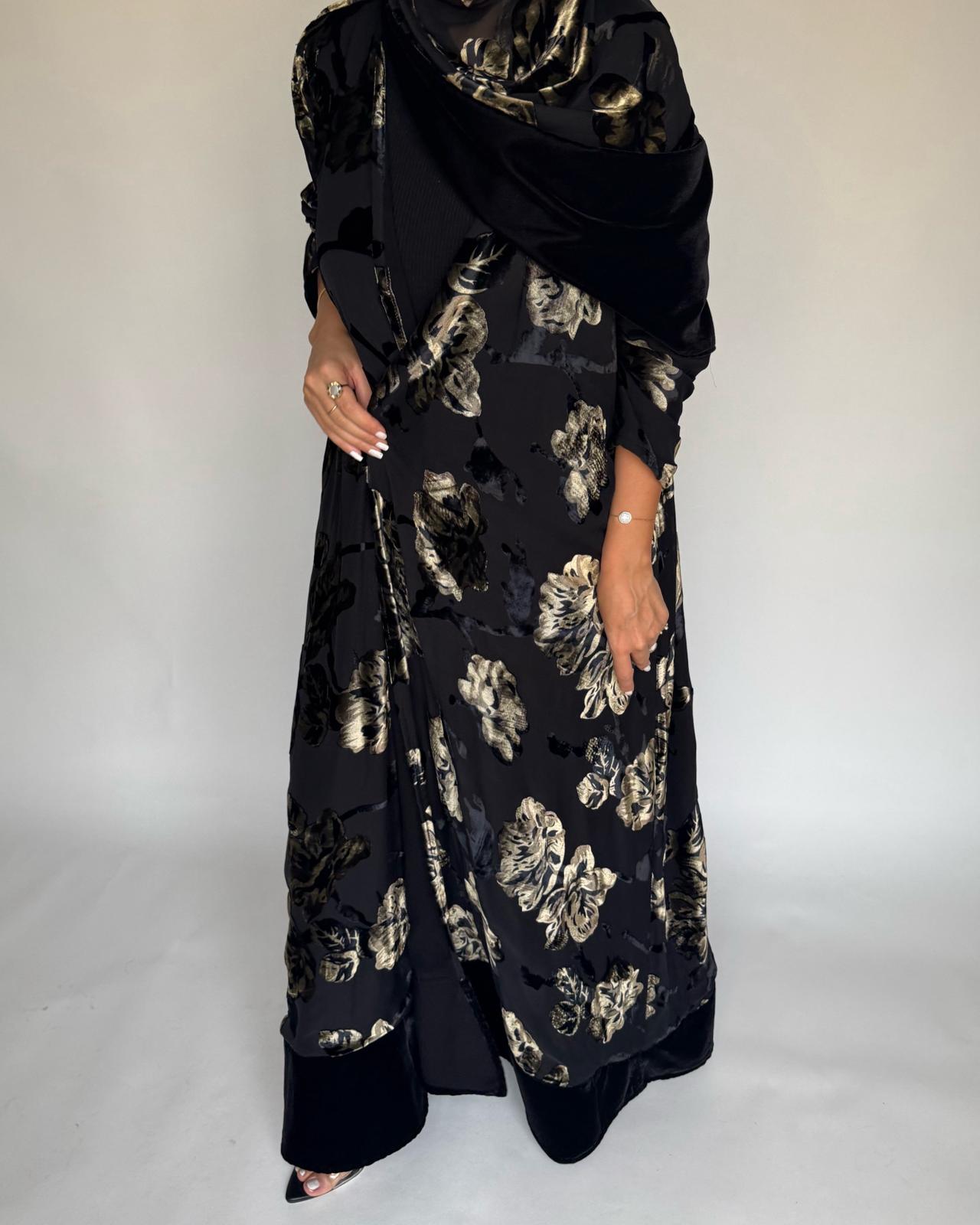 A502 - Black/ Gold Velvet Pattern Abaya & Matching Head Scarf