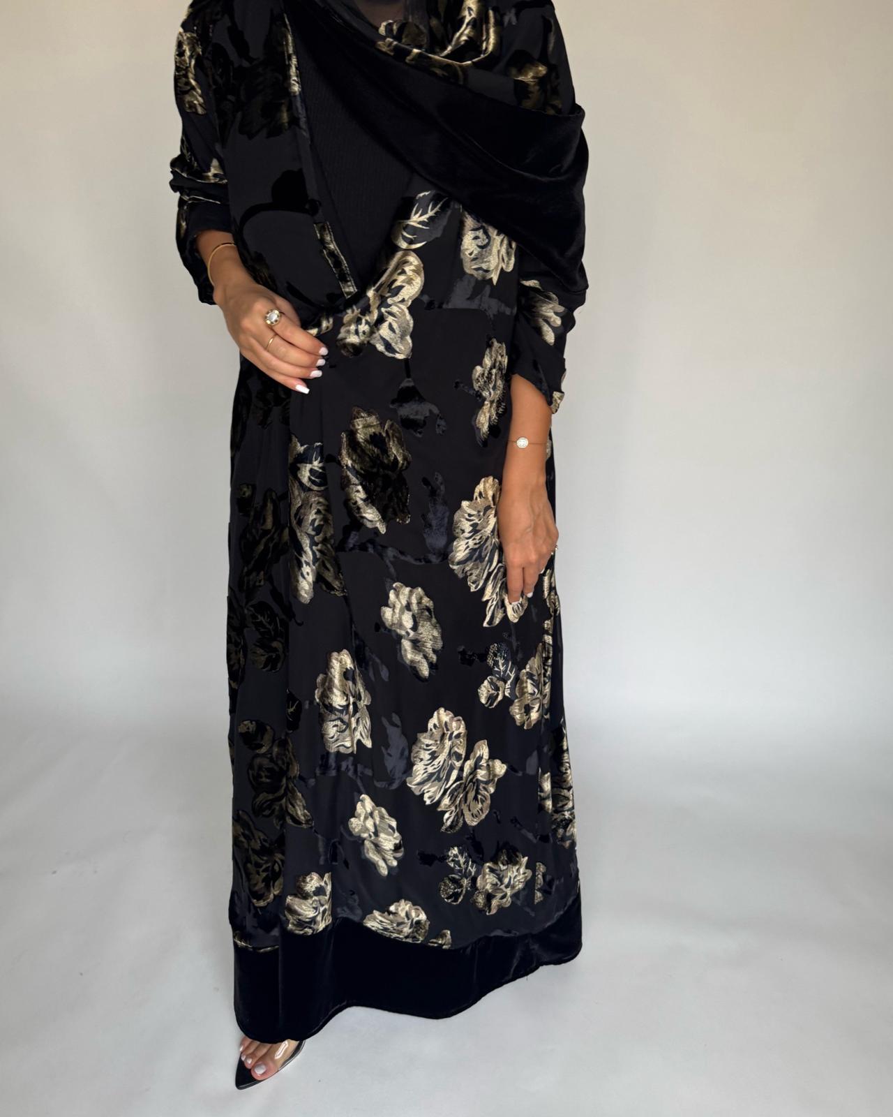 A502 - Black/ Gold Velvet Pattern Abaya & Matching Head Scarf