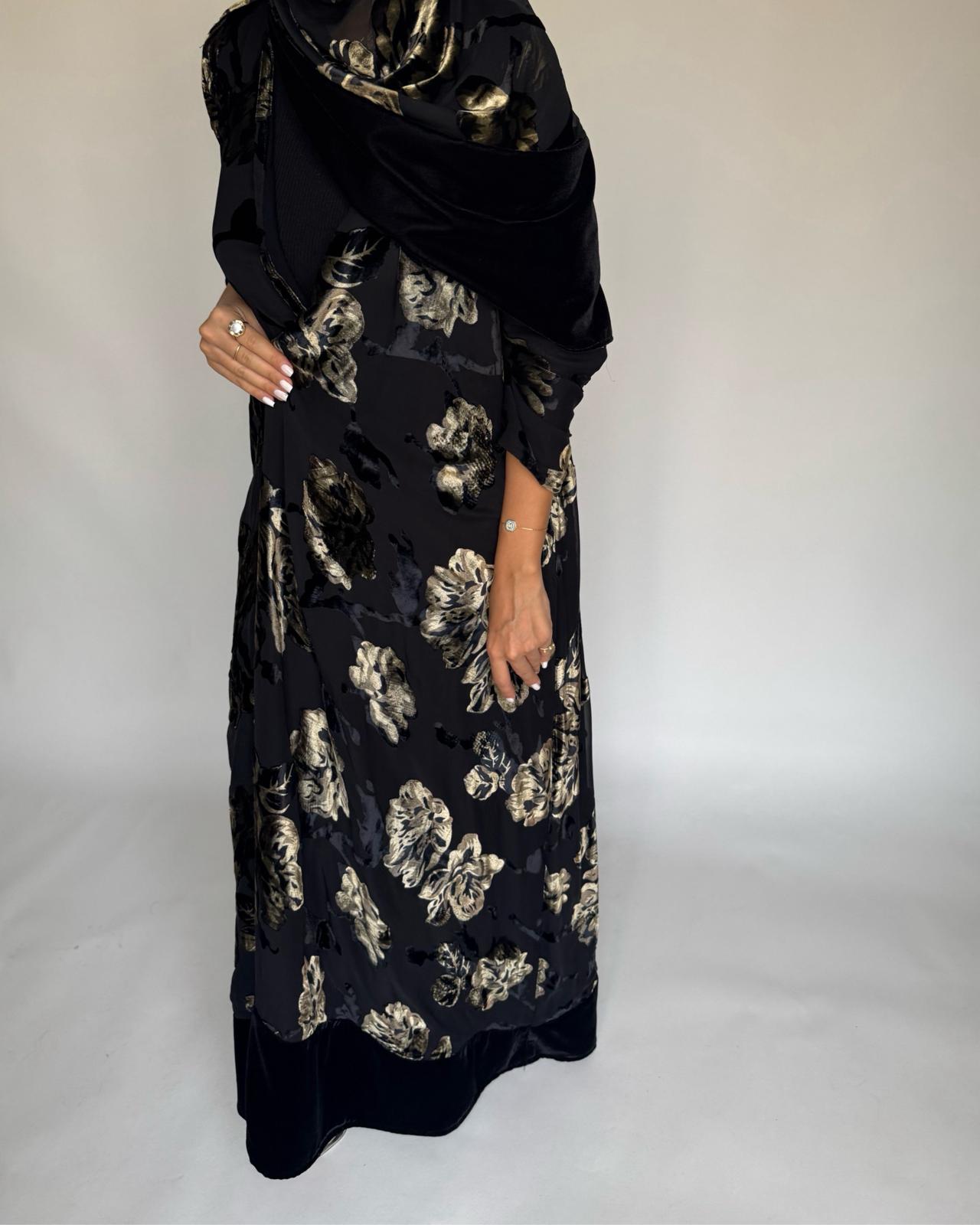 A502 - Black/ Gold Velvet Pattern Abaya & Matching Head Scarf
