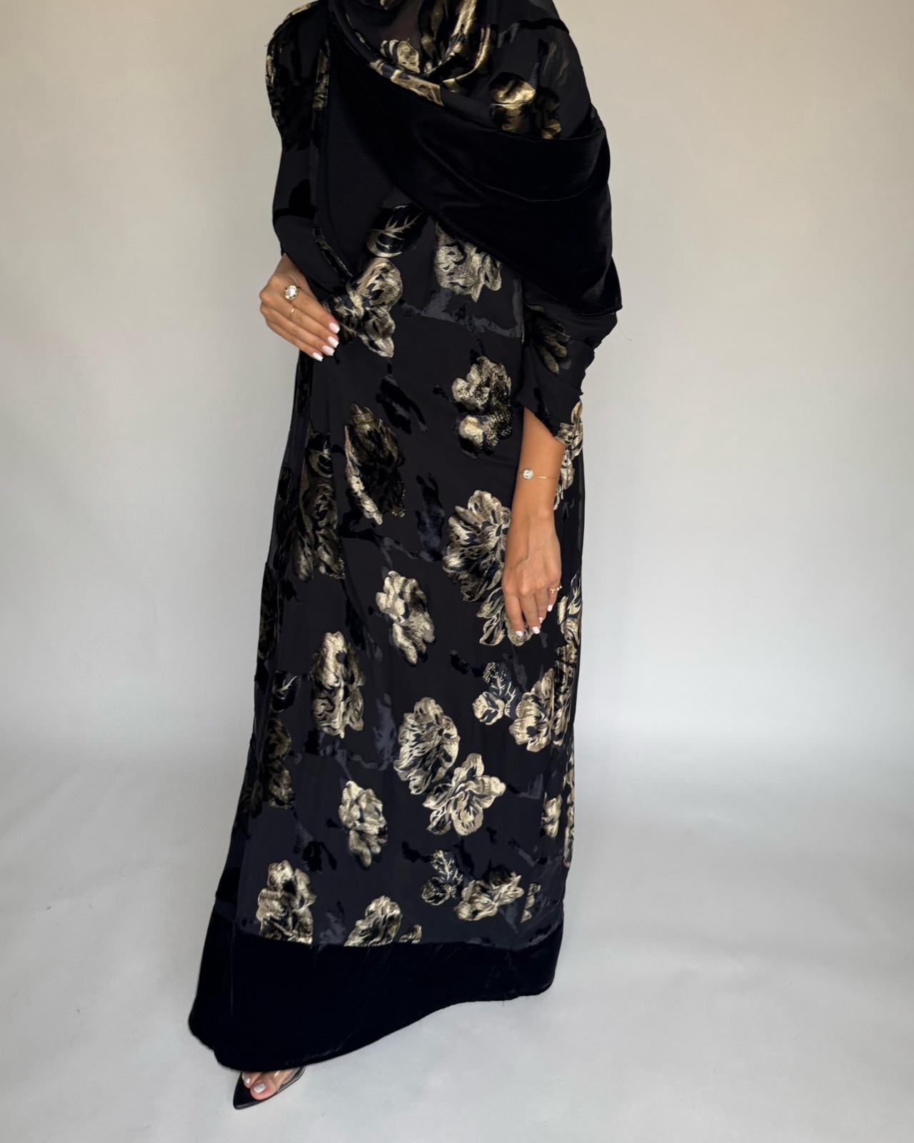 A502 - Black/ Gold Velvet Pattern Abaya & Matching Head Scarf