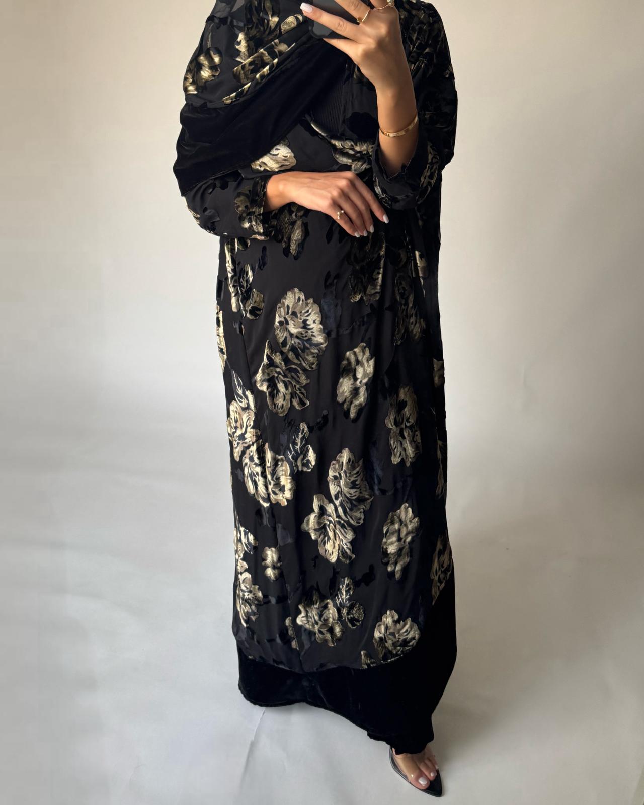 A502 - Black/ Gold Velvet Pattern Abaya & Matching Head Scarf