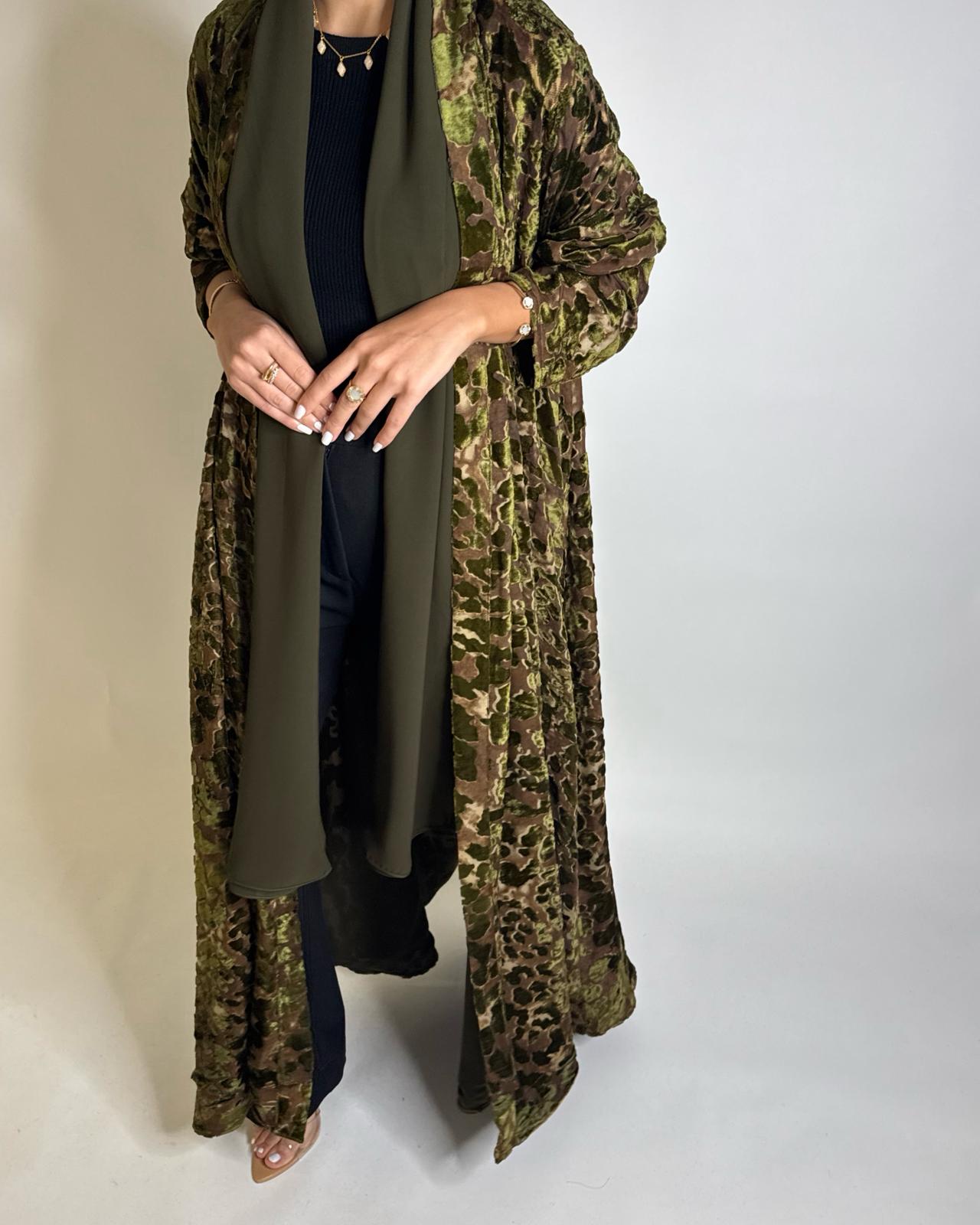 A507 - Brown/ Green Velvet Pattern Abaya
