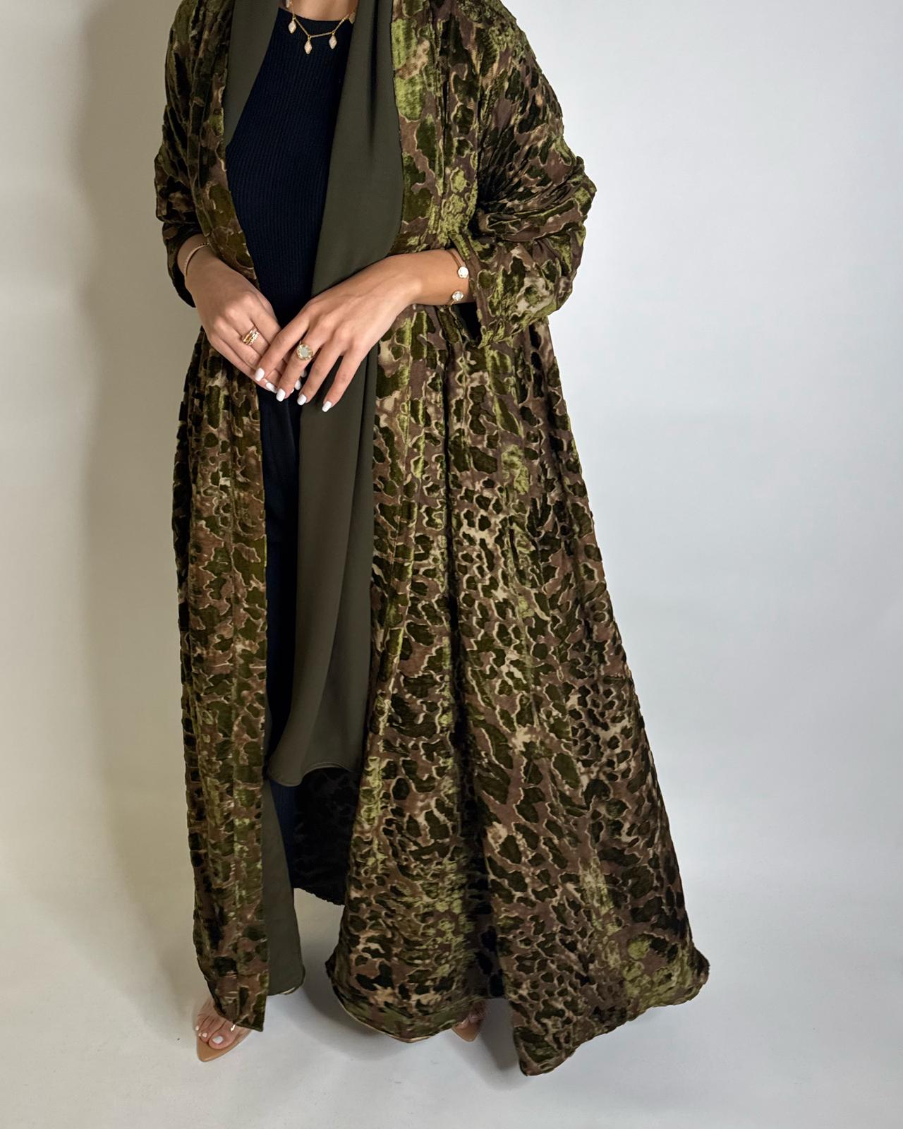 A507 - Brown/ Green Velvet Pattern Abaya