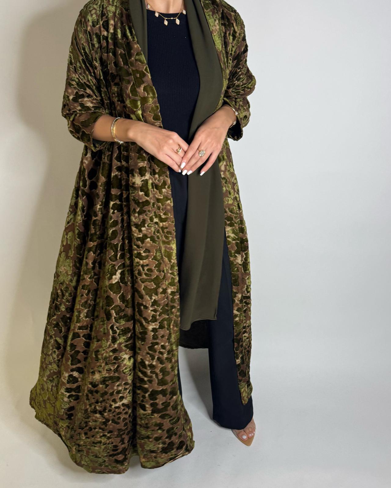 A507 - Brown/ Green Velvet Pattern Abaya