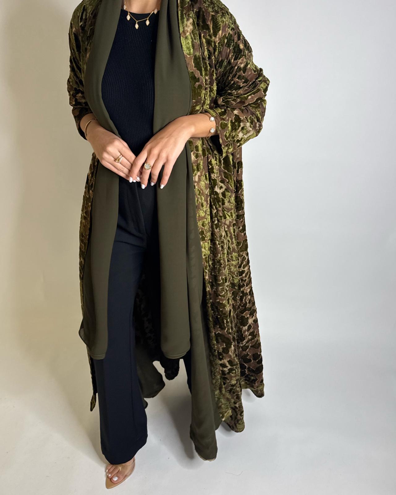 A507 - Brown/ Green Velvet Pattern Abaya