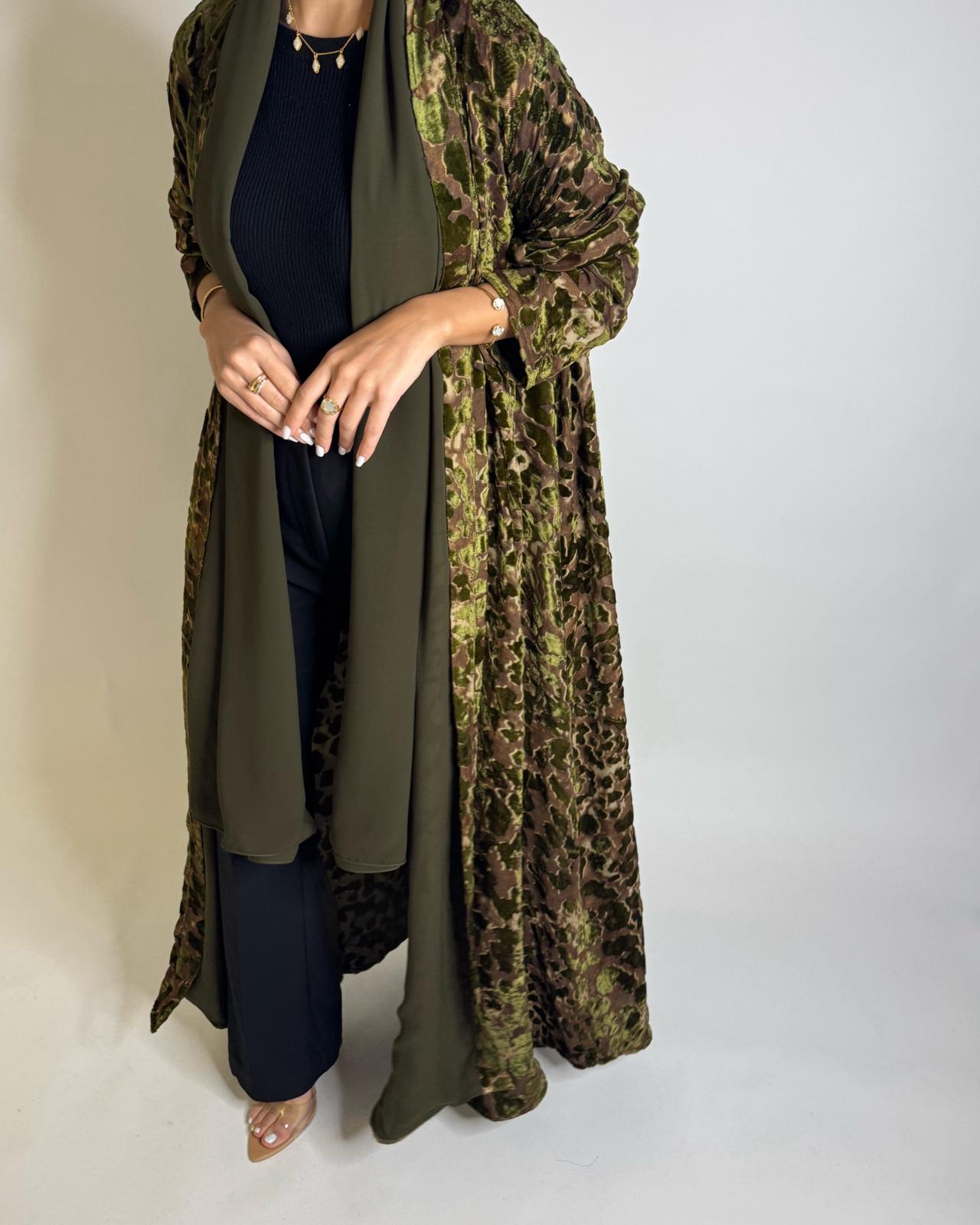 A507 - Brown/ Green Velvet Pattern Abaya