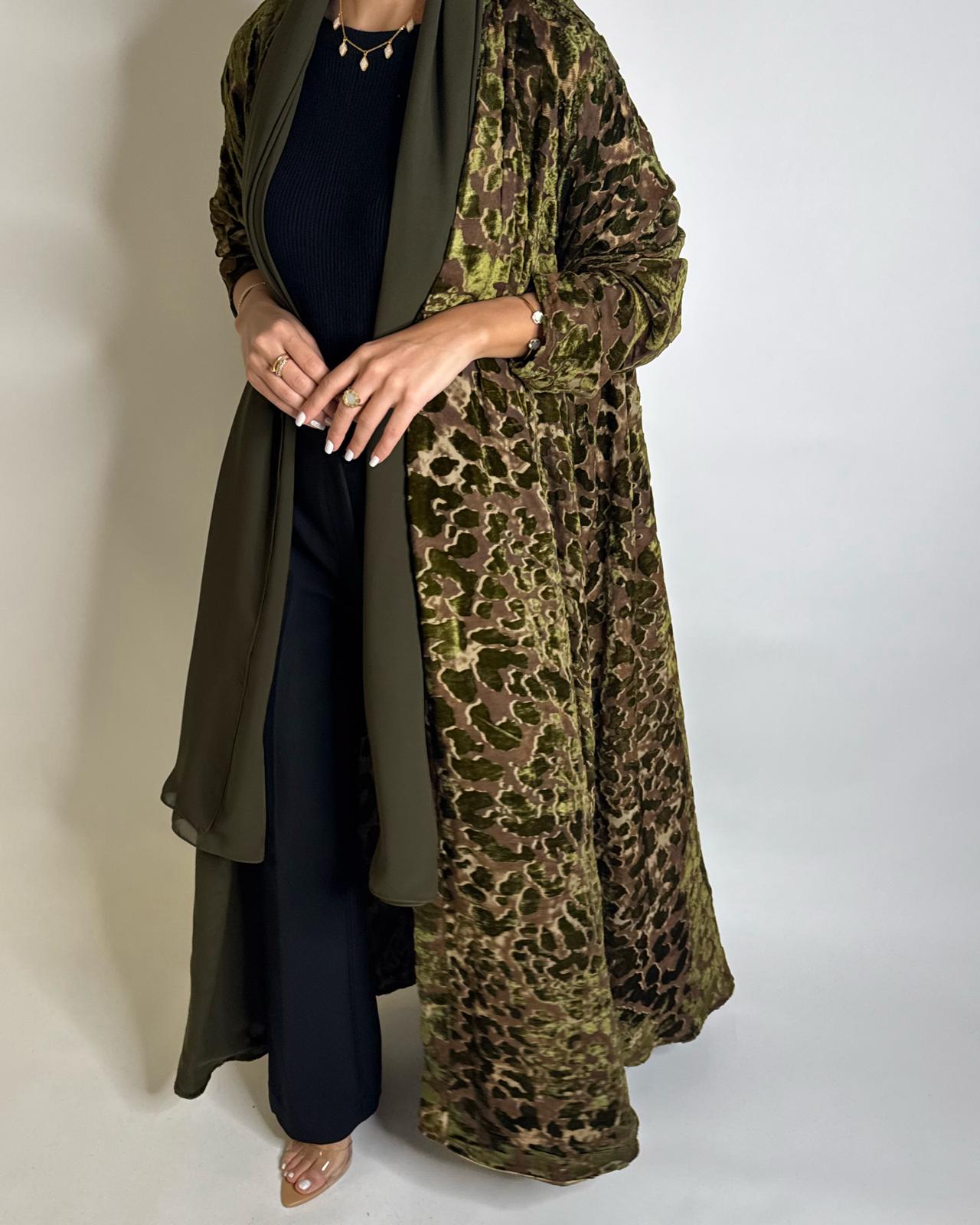 A507 - Brown/ Green Velvet Pattern Abaya