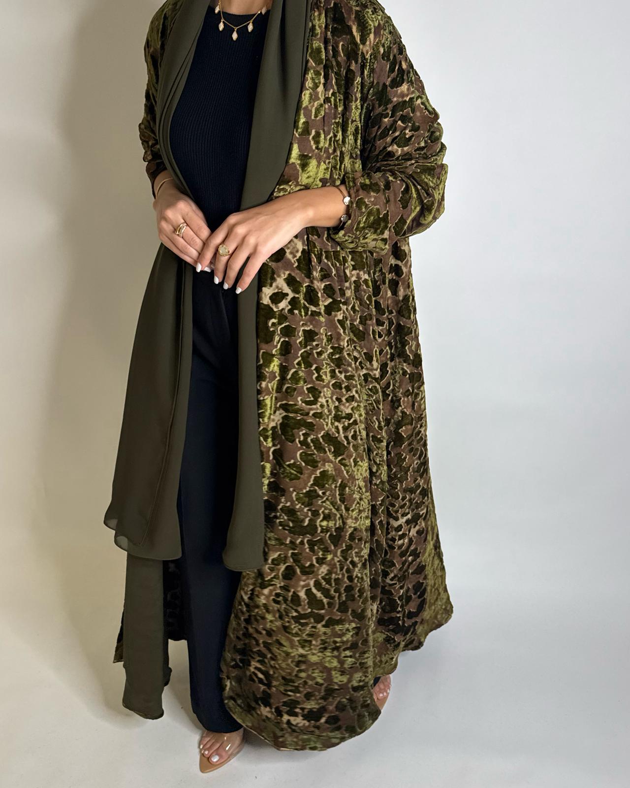 A507 - Brown/ Green Velvet Pattern Abaya
