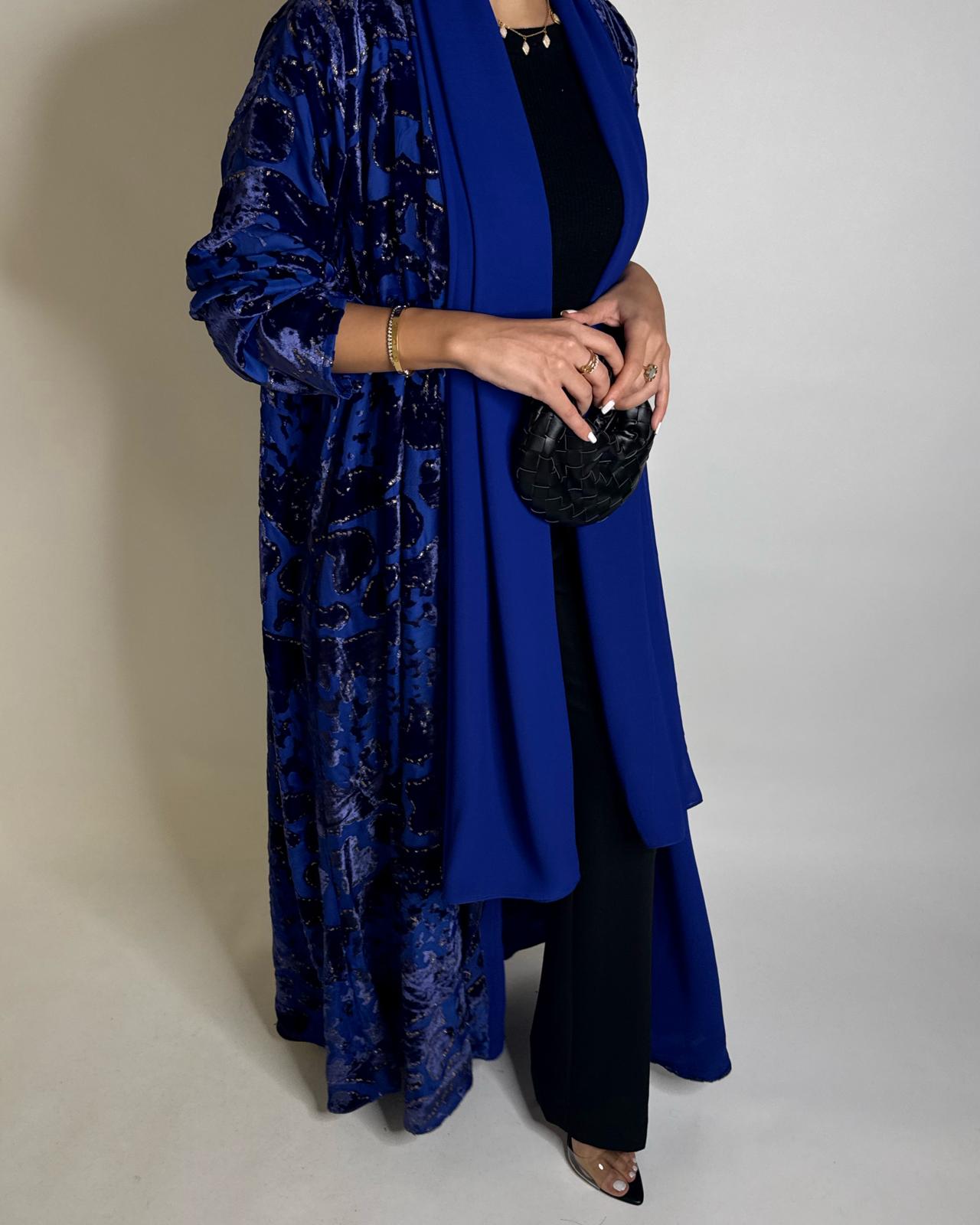 A506 - Blue/ Gold Velvet Pattern Abaya