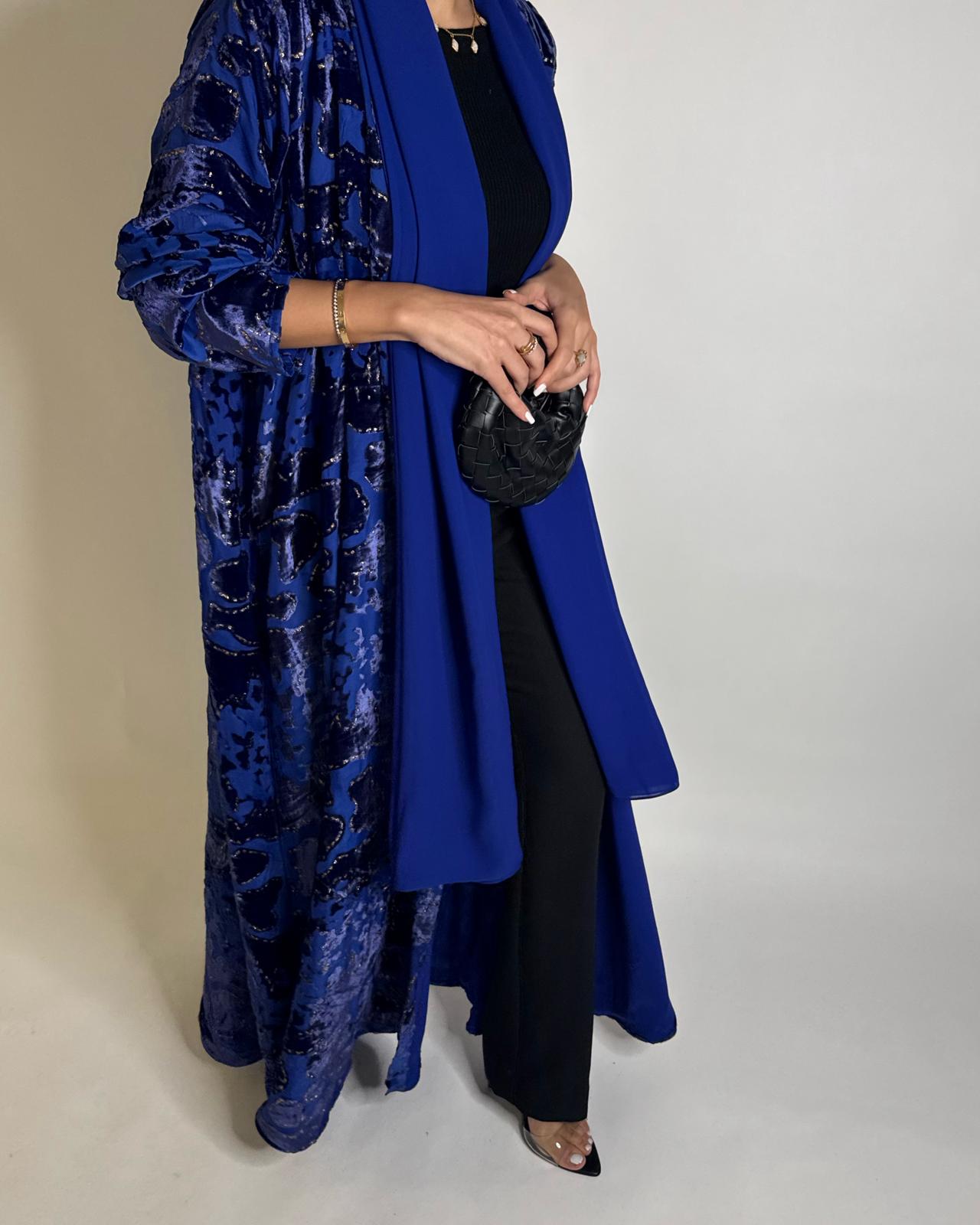 A506 - Blue/ Gold Velvet Pattern Abaya