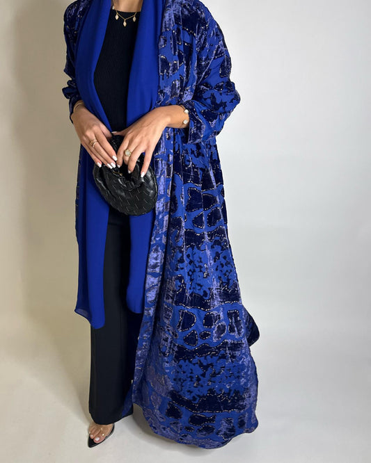 A506 - Blue/ Gold Velvet Pattern Abaya