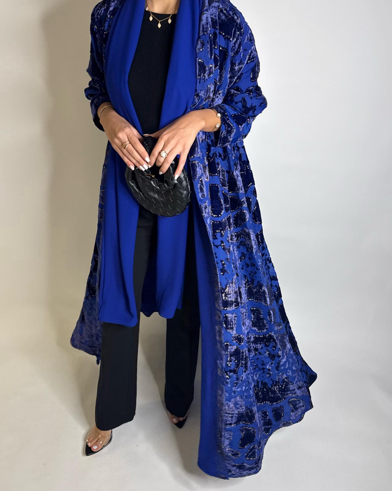 A506 - Blue/ Gold Velvet Pattern Abaya