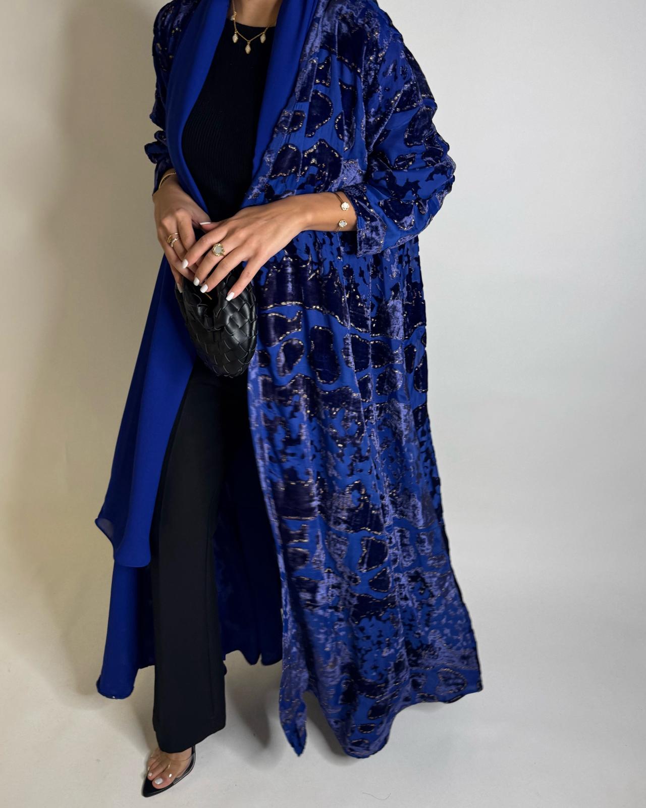 A506 - Blue/ Gold Velvet Pattern Abaya