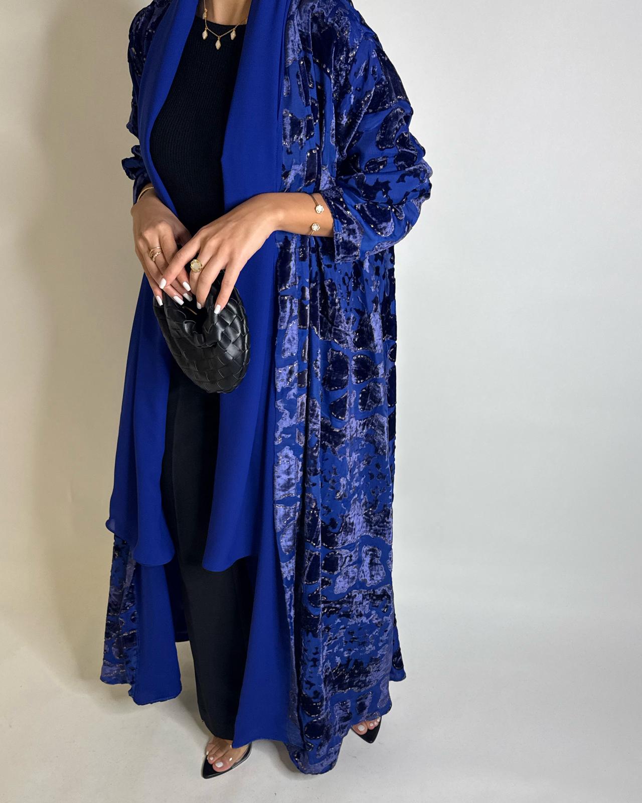 A506 - Blue/ Gold Velvet Pattern Abaya