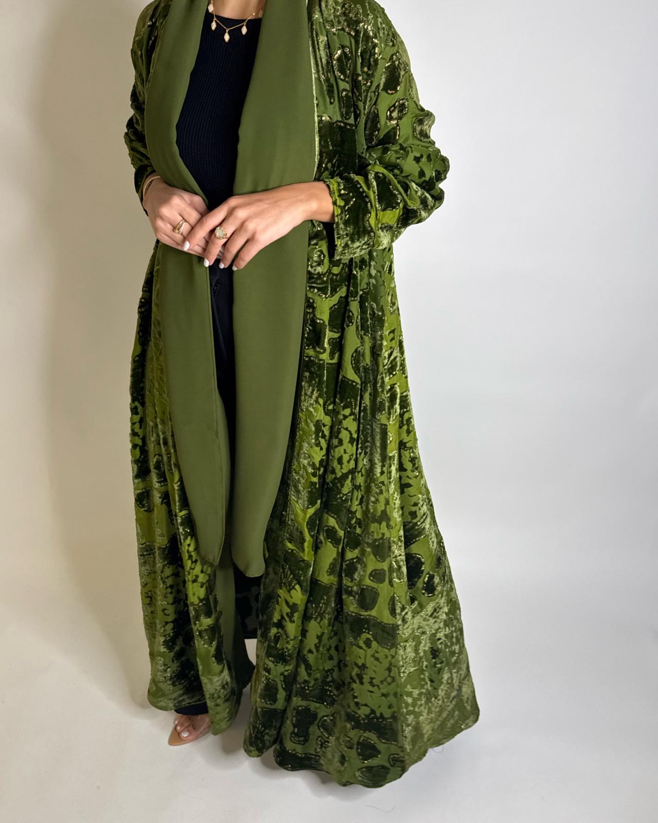 A505 - Green/ Gold Velvet Pattern Abaya