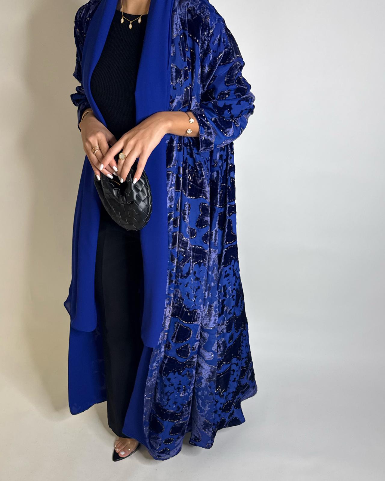 A506 - Blue/ Gold Velvet Pattern Abaya