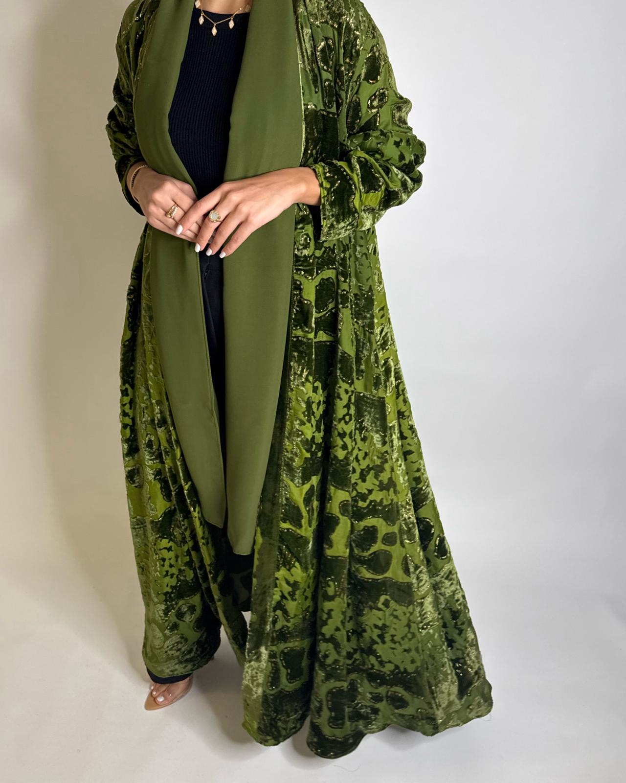 A505 - Green/ Gold Velvet Pattern Abaya