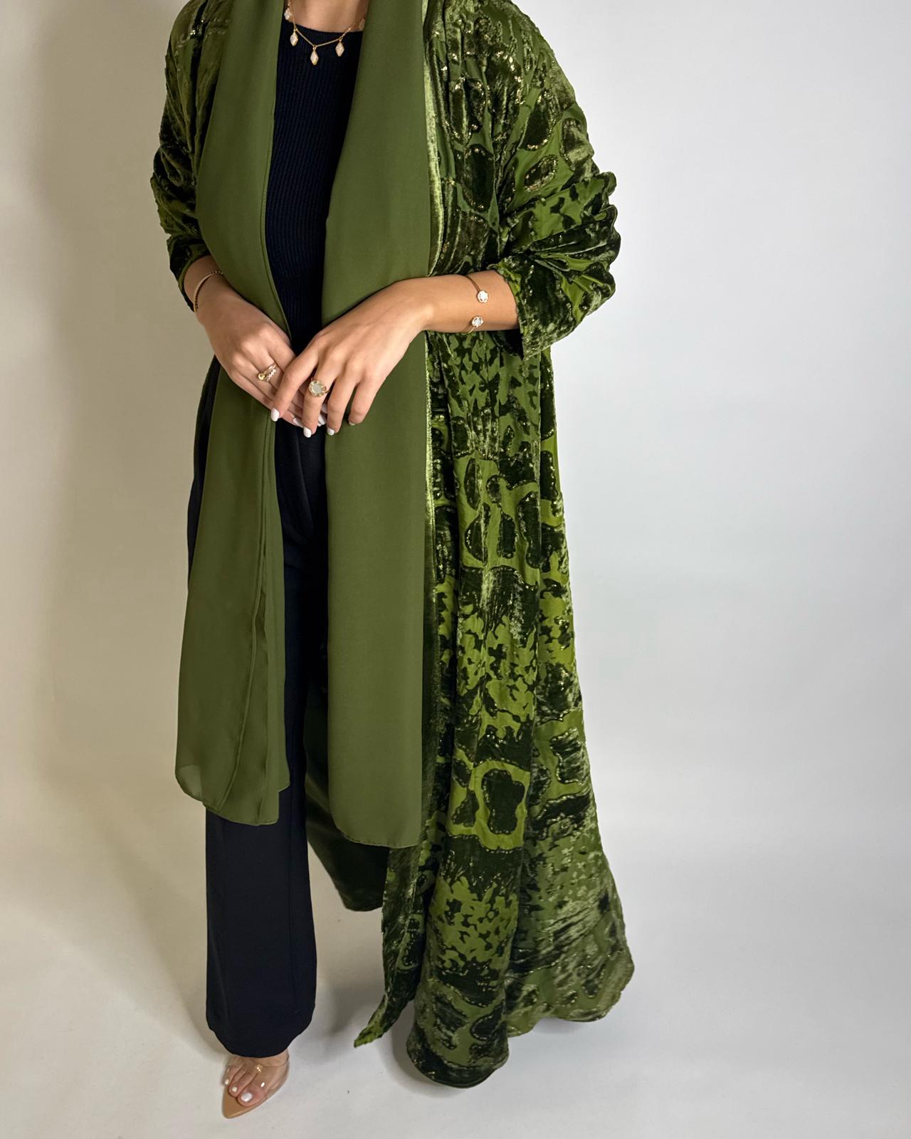 A505 - Green/ Gold Velvet Pattern Abaya