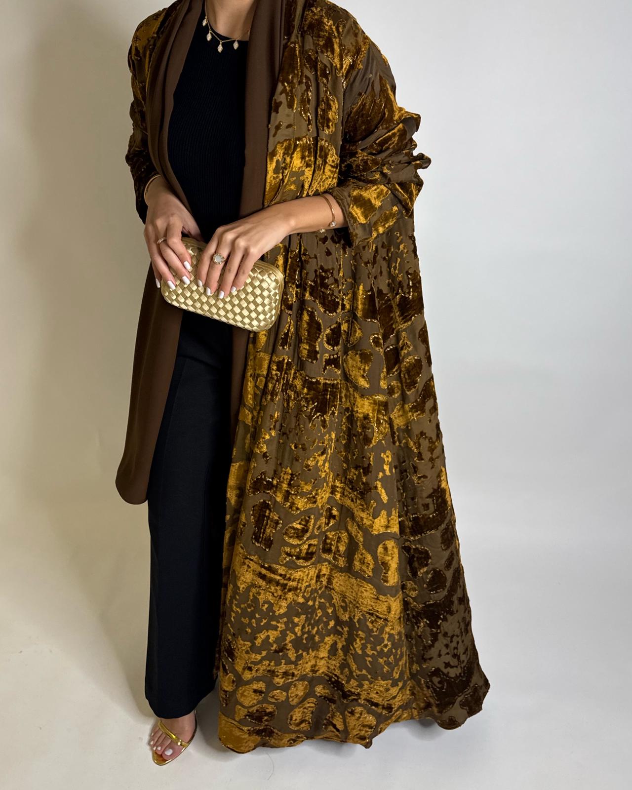 A503 - Brown/ Gold Velvet Pattern Abaya