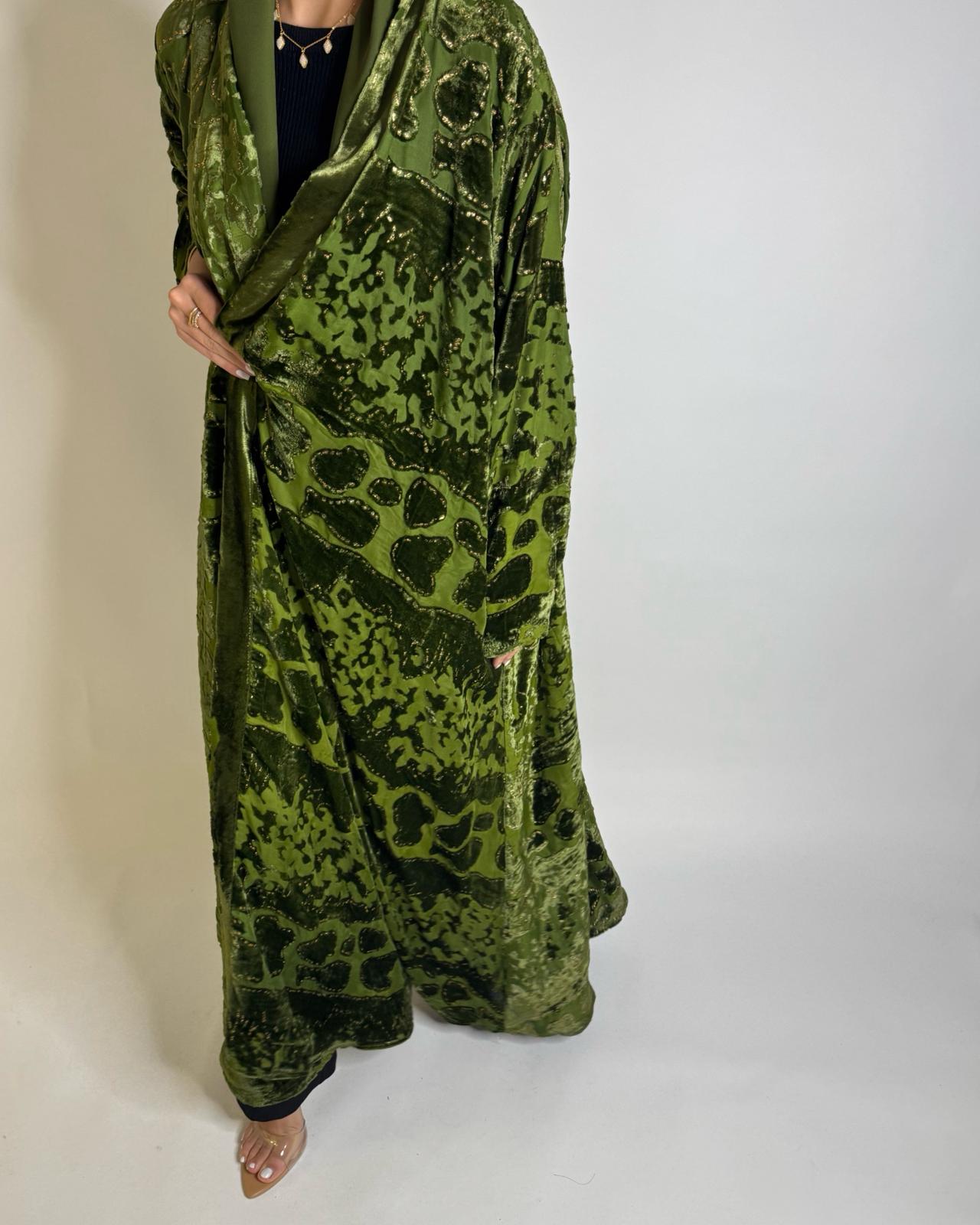 A505 - Green/ Gold Velvet Pattern Abaya