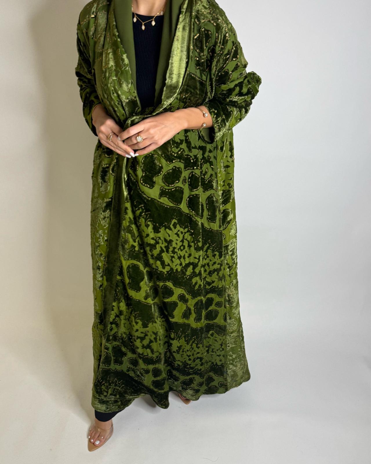 A505 - Green/ Gold Velvet Pattern Abaya