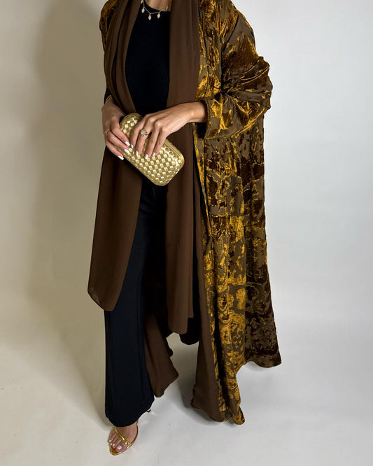 A503 - Brown/ Gold Velvet Pattern Abaya