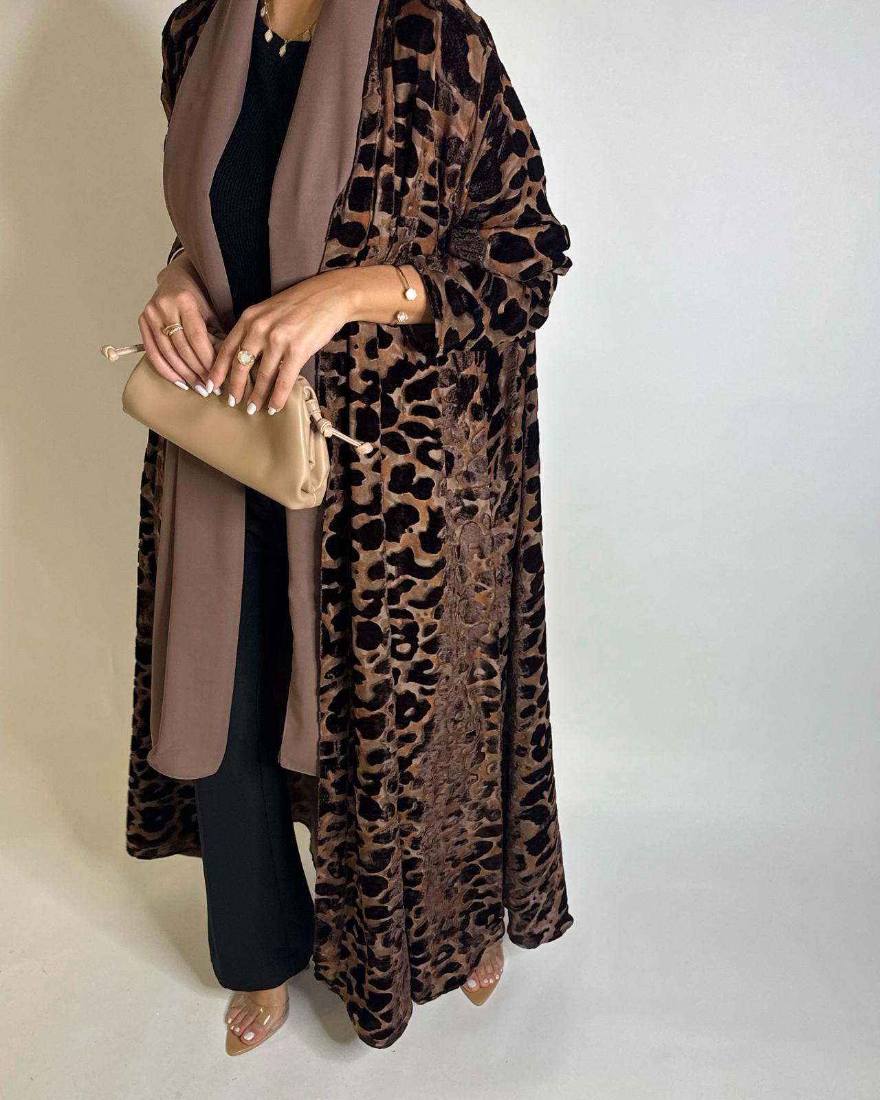 A504 - Brown with a Hind of Burnt Orange Velvet Pattern Abaya