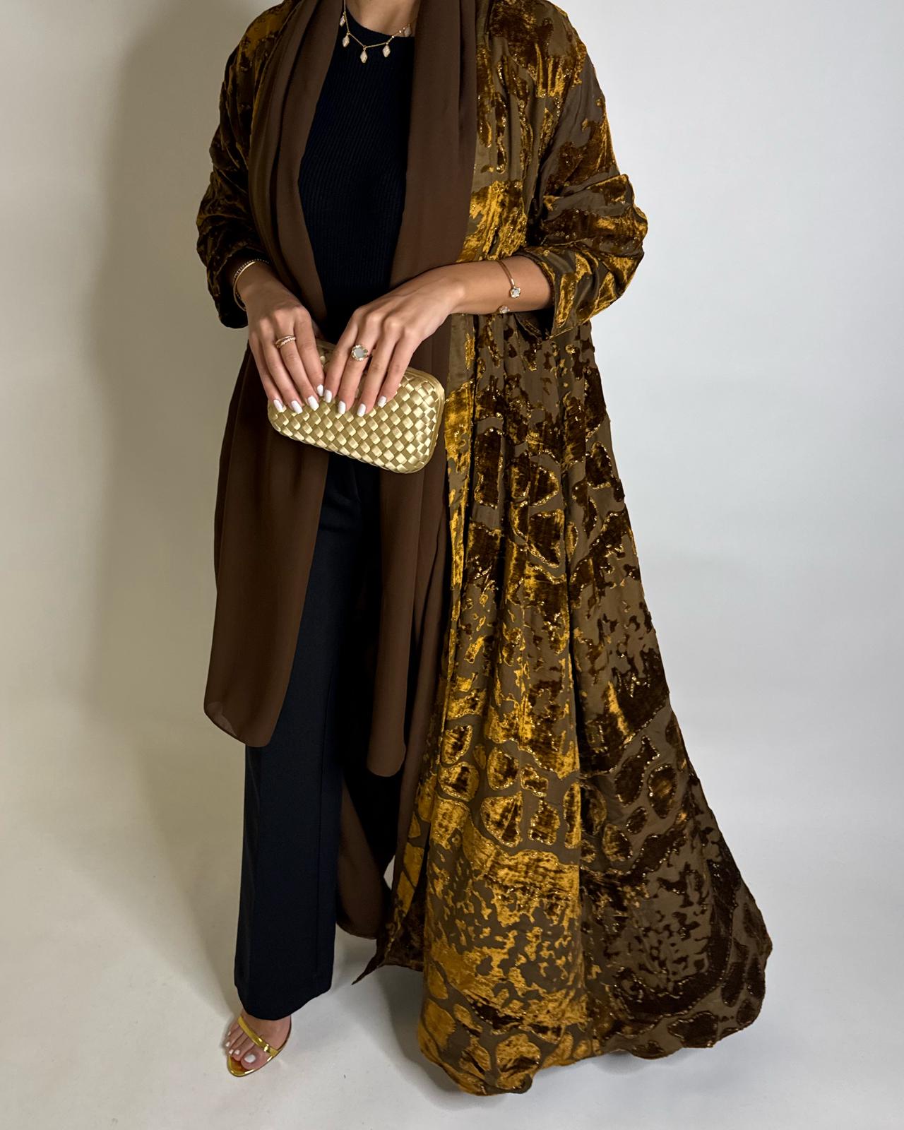 A503 - Brown/ Gold Velvet Pattern Abaya