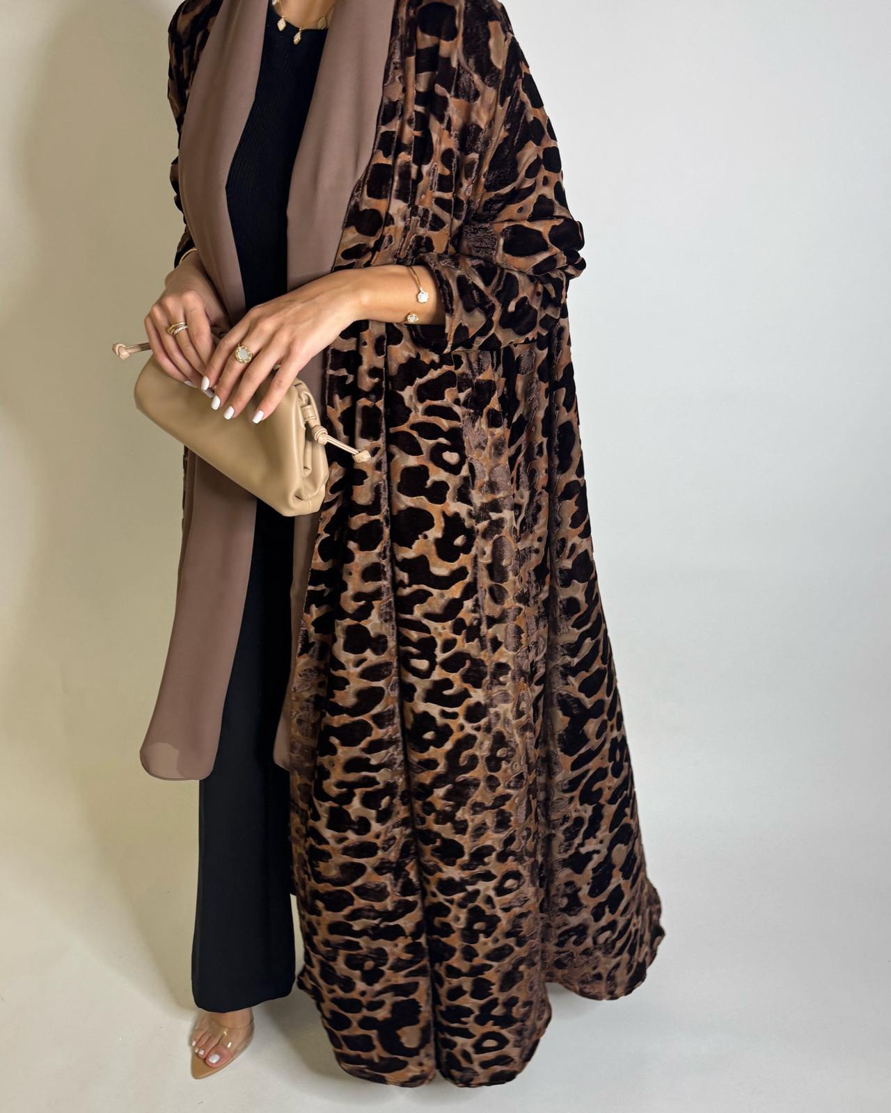 A504 - Brown with a Hind of Burnt Orange Velvet Pattern Abaya