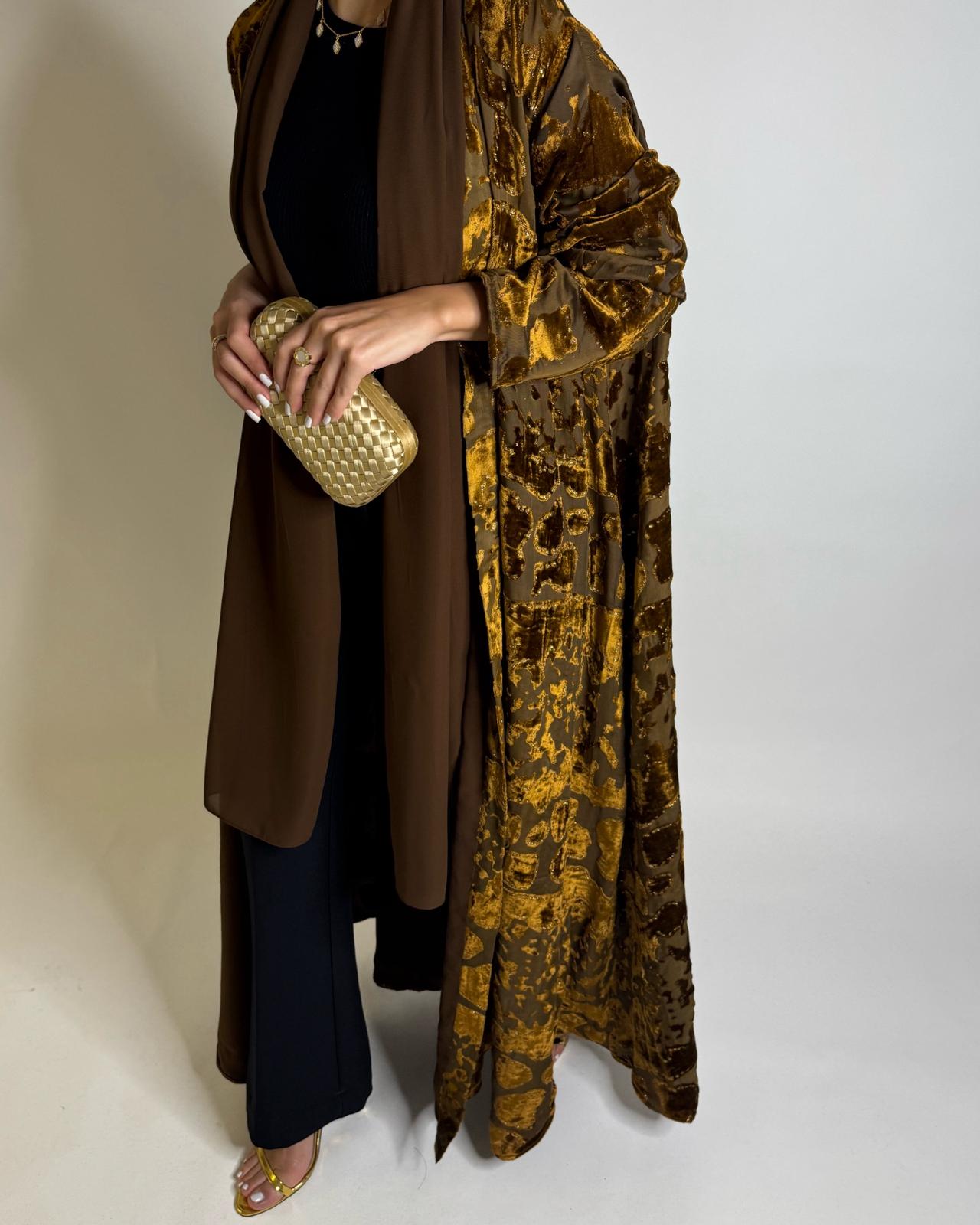 A503 - Brown/ Gold Velvet Pattern Abaya