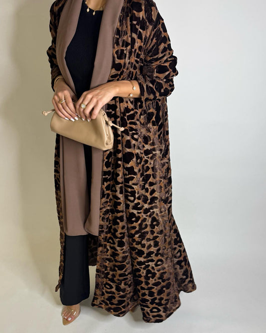 A504 - Brown with a Hind of Burnt Orange Velvet Pattern Abaya