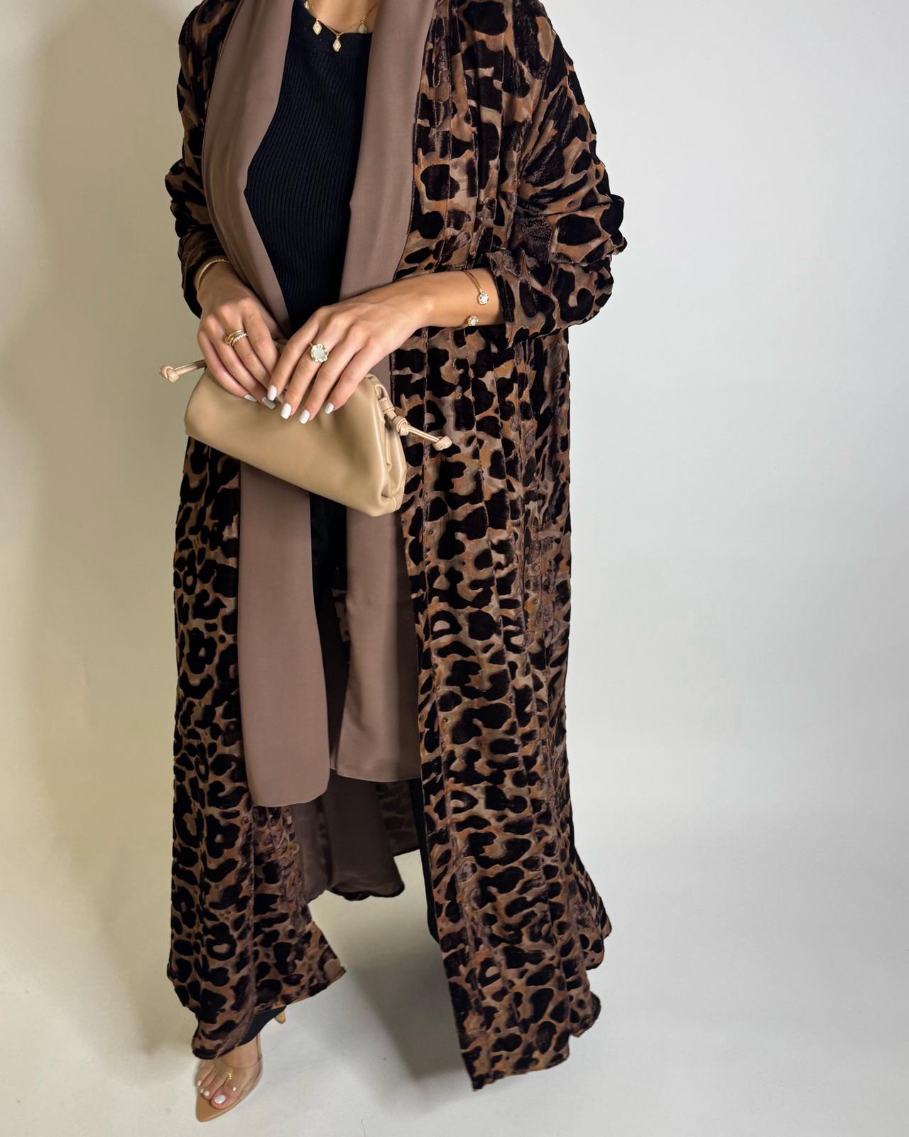A504 - Brown with a Hind of Burnt Orange Velvet Pattern Abaya