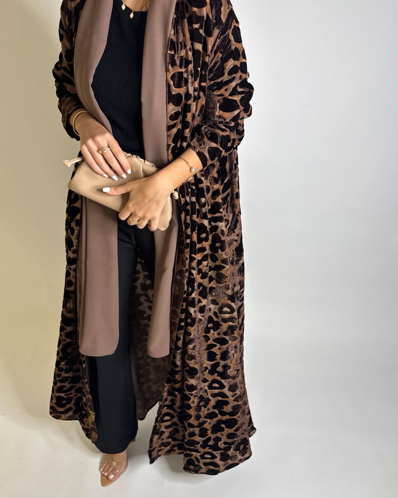 A504 - Brown with a Hind of Burnt Orange Velvet Pattern Abaya