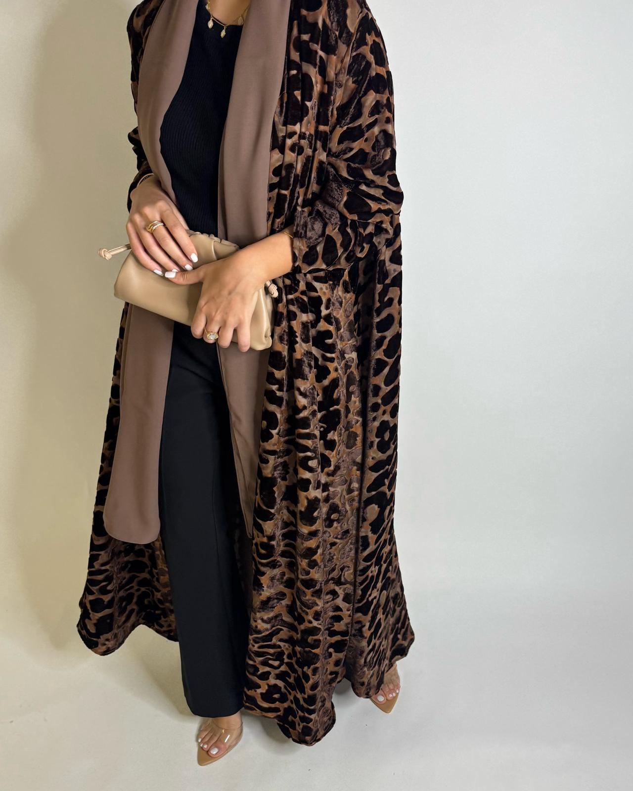 A504 - Brown with a Hind of Burnt Orange Velvet Pattern Abaya