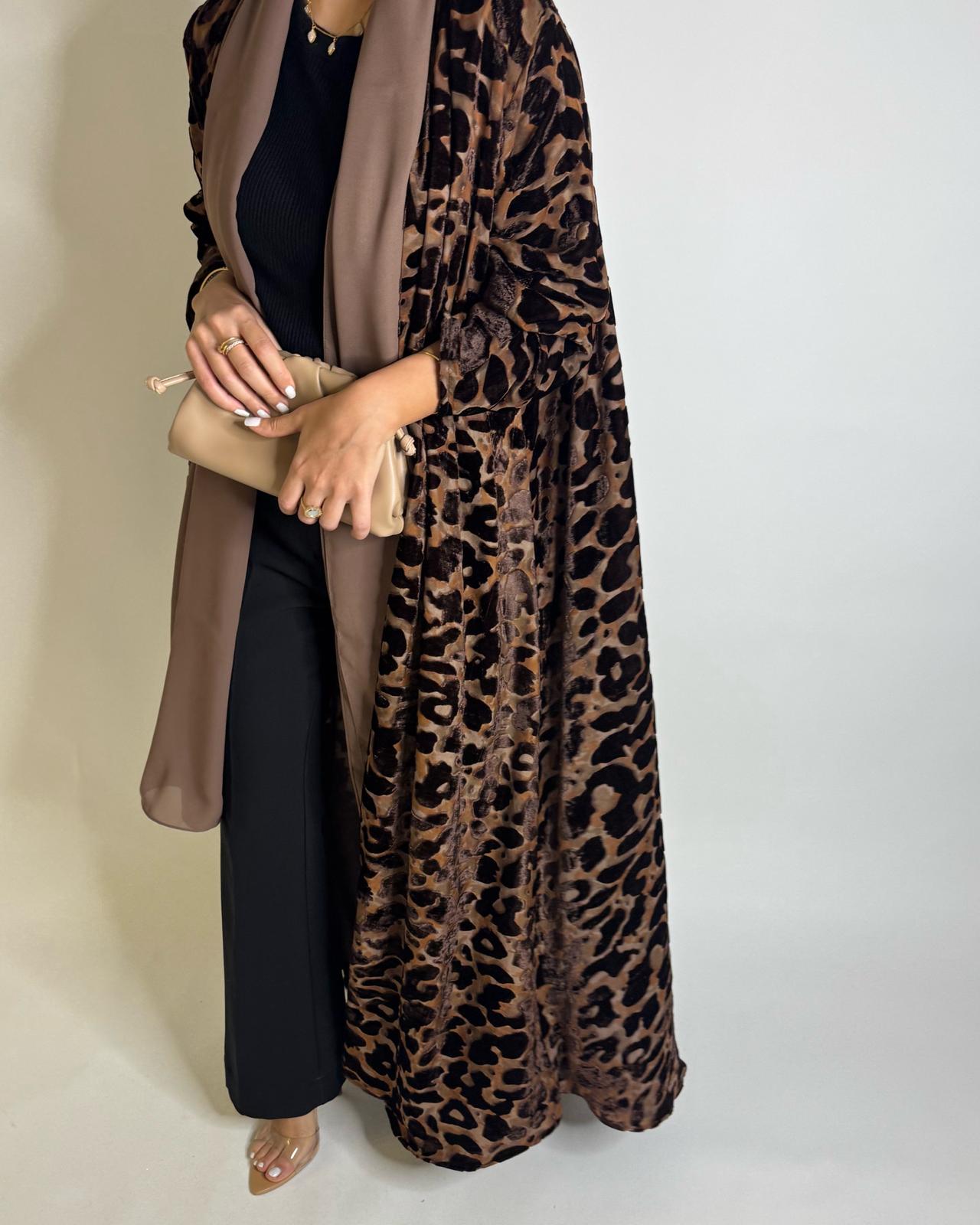 A504 - Brown with a Hind of Burnt Orange Velvet Pattern Abaya