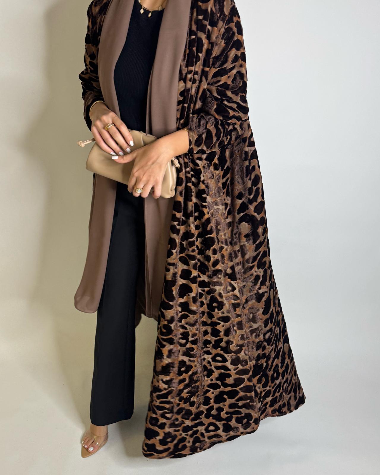 A504 - Brown with a Hind of Burnt Orange Velvet Pattern Abaya