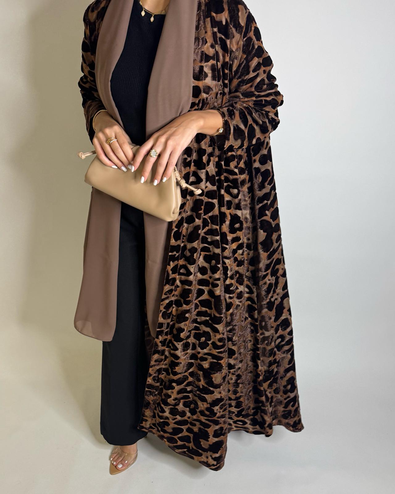 A504 - Brown with a Hind of Burnt Orange Velvet Pattern Abaya