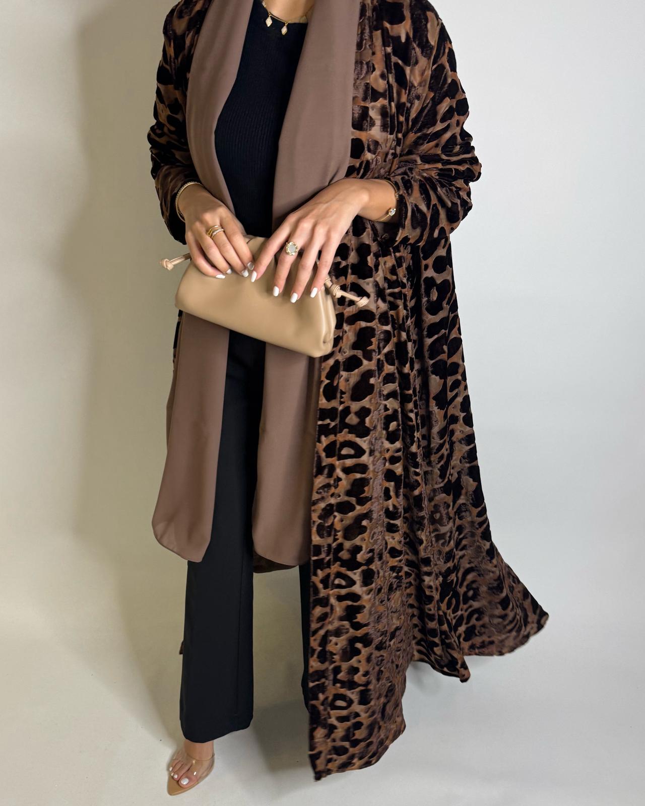 A504 - Brown with a Hind of Burnt Orange Velvet Pattern Abaya