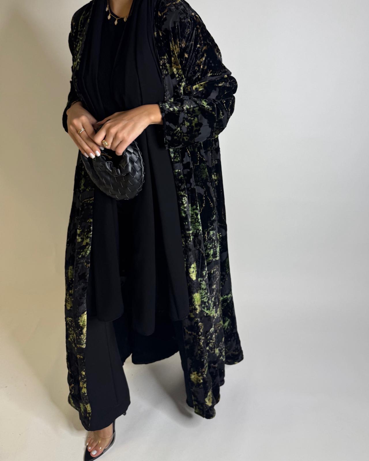 A508 - Black/ Green Velvet Pattern Abaya