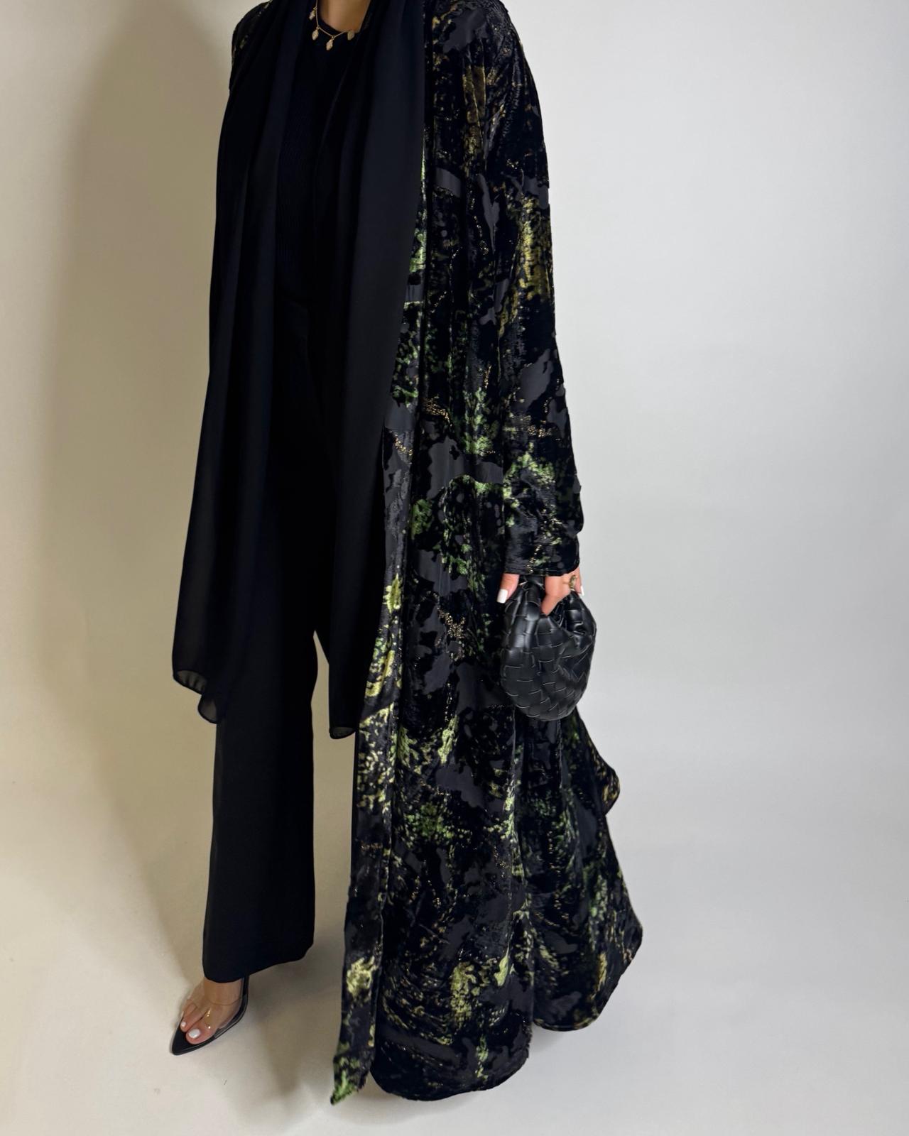 A508 - Black/ Green Velvet Pattern Abaya