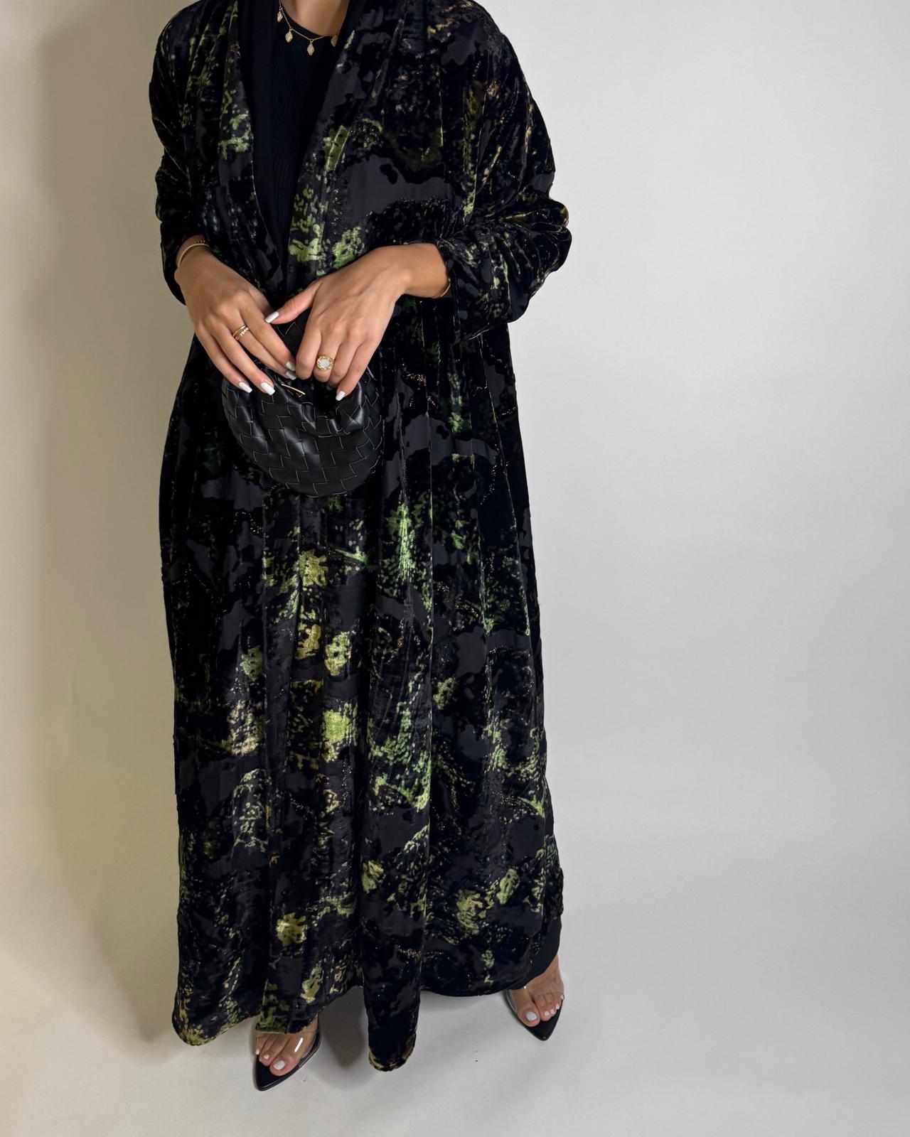 A508 - Black/ Green Velvet Pattern Abaya